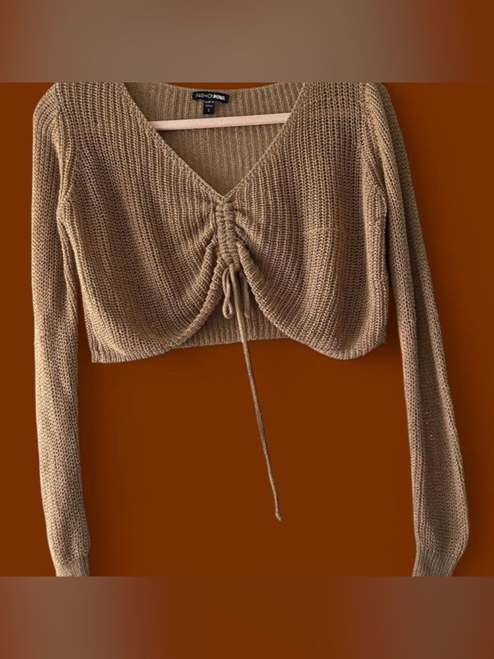 Fashion Nova Cropped Knit V-Neck Ruched Tan Top